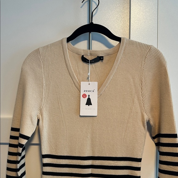 Striped Zesica Beige and Black Long Sleeve Dress, brand new!! Size medium. - Picture 2 of 6